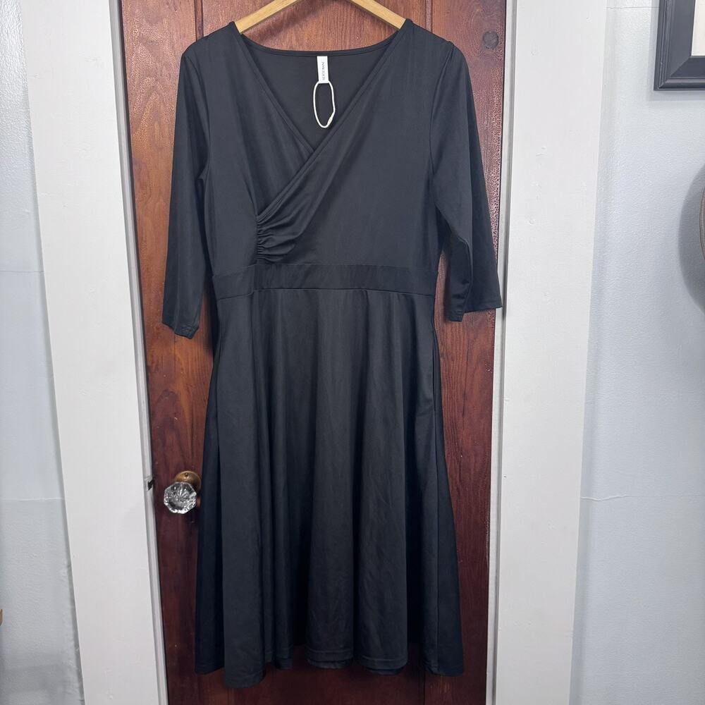 Black Faux Wrap Dress Womens Size XL Ruched V-Neck 3/4 Sleeve Midi